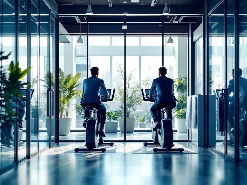 Moderne kantoorruimte met geïntegreerde fitnesszone waar twee professionals op trainingsapparaten werken bij grote ramen met natuurlijk licht.