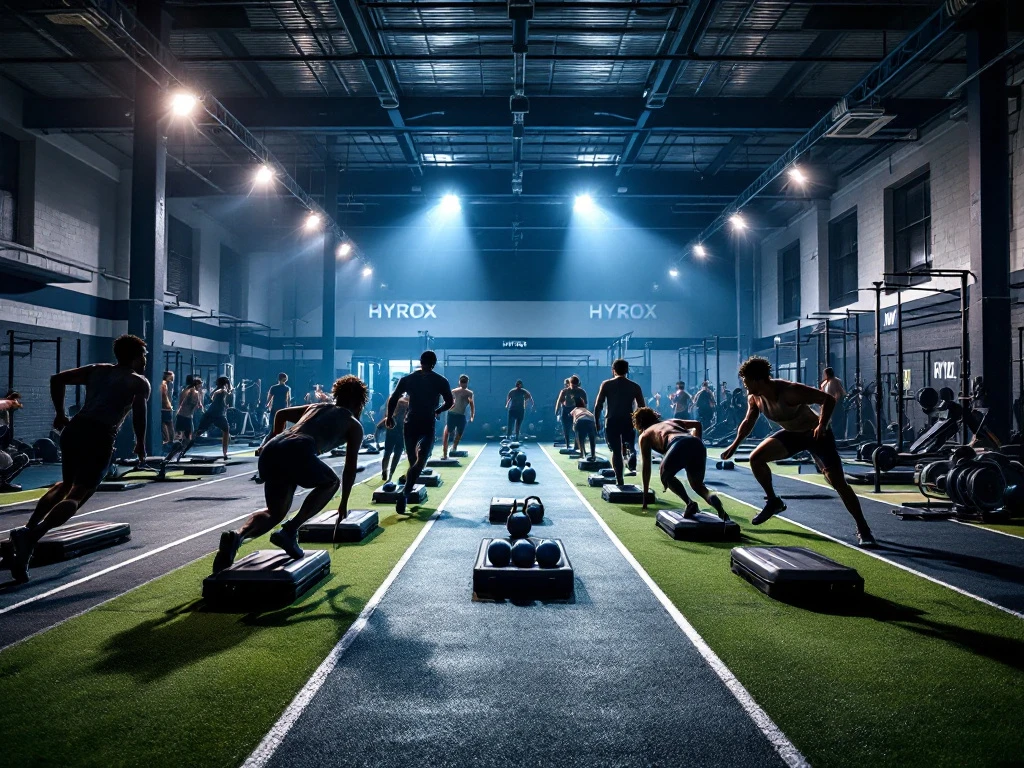 Hyrox trainingsruimte met diverse atleten die sledepushes uitvoeren op kunstgras, omringd door loopbanen en functionele fitnessapparatuur in een blauw-grijze omgeving.
