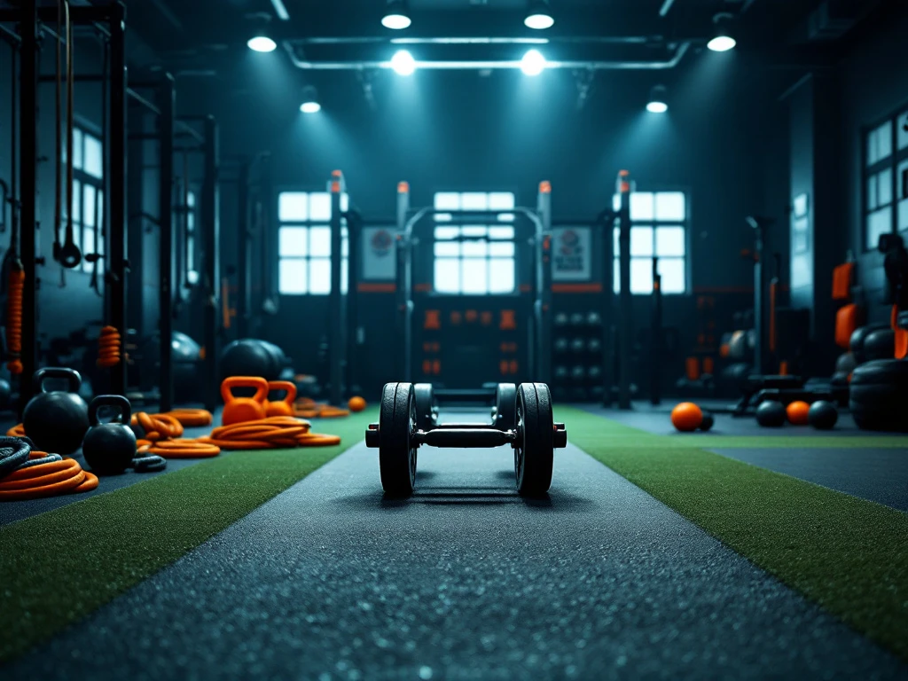 Professioneel Hyrox-trainingsstation met gewichtsslee en kettlebells in sportschool met dramatische blauwe en oranje verlichting.