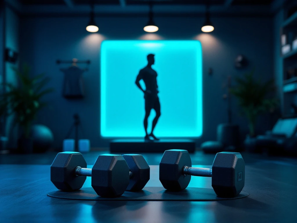 Professionele trainingsruimte met dumbbells, meetlint en weegschaal. Trainer demonstreert oefening op achtergrond. Voor/na-element met sportkleding in motiverende sfeer.