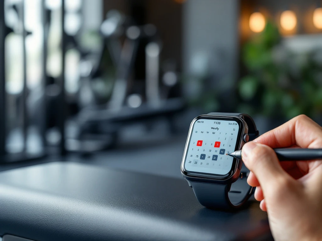 Fitness tracker met weekelijkse trainingsschema op moderne gymbank, met onscherpe fitnessapparatuur op achtergrond en hand die trainingen afvinkt.