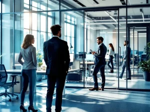 Moderne kantoorruimte met fitnesszone achter glazen wanden. Professionals bij ergonomische werkplekken tonen verbeterde houding. Zonlicht creëert energieke sfeer.