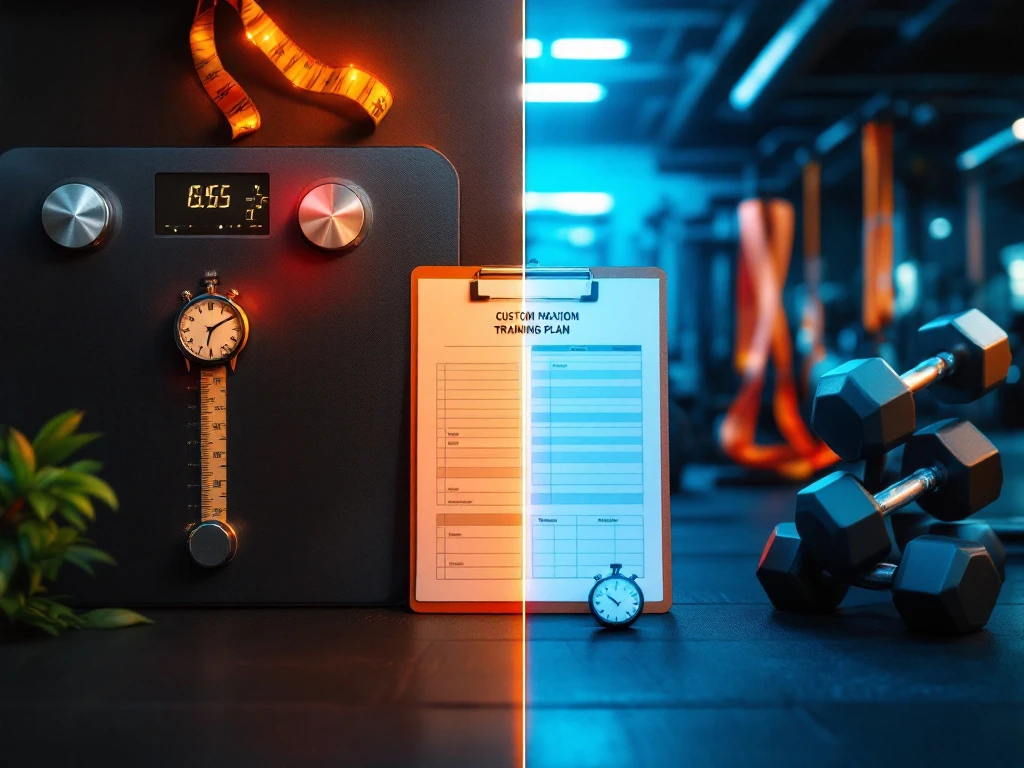 Gesplitste fitnesscompositie met weegapparatuur voor afvallen links, krachttrainingsuitrusting rechts, en een persoonlijk trainingsplan centraal in een luxe sportschoolomgeving.