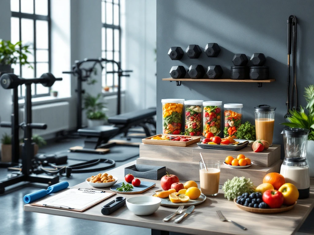 Moderne trainingsruimte van CK Active met premium fitnessapparatuur en een georganiseerde maaltijdbereidingshoek in een lichte, motiverende sfeer met blauwe accenten.