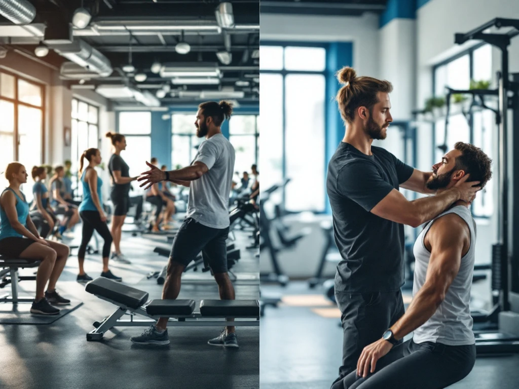 Moderne fitnessstudio toont contrast tussen groepstraining links en persoonlijke begeleiding rechts, met professionele apparatuur en natuurlijk licht door grote ramen.