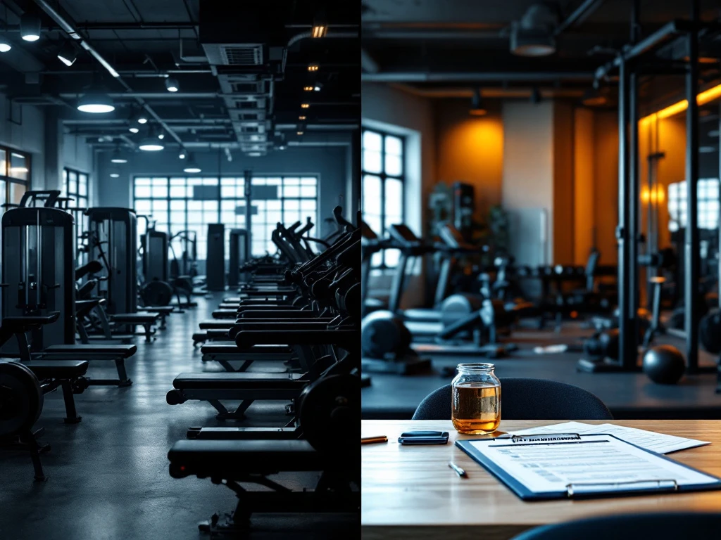 Vergelijking: drukke commerciële sportschool versus elegante privétrainingsruimte met persoonlijke begeleiding en kwaliteitsfocus.