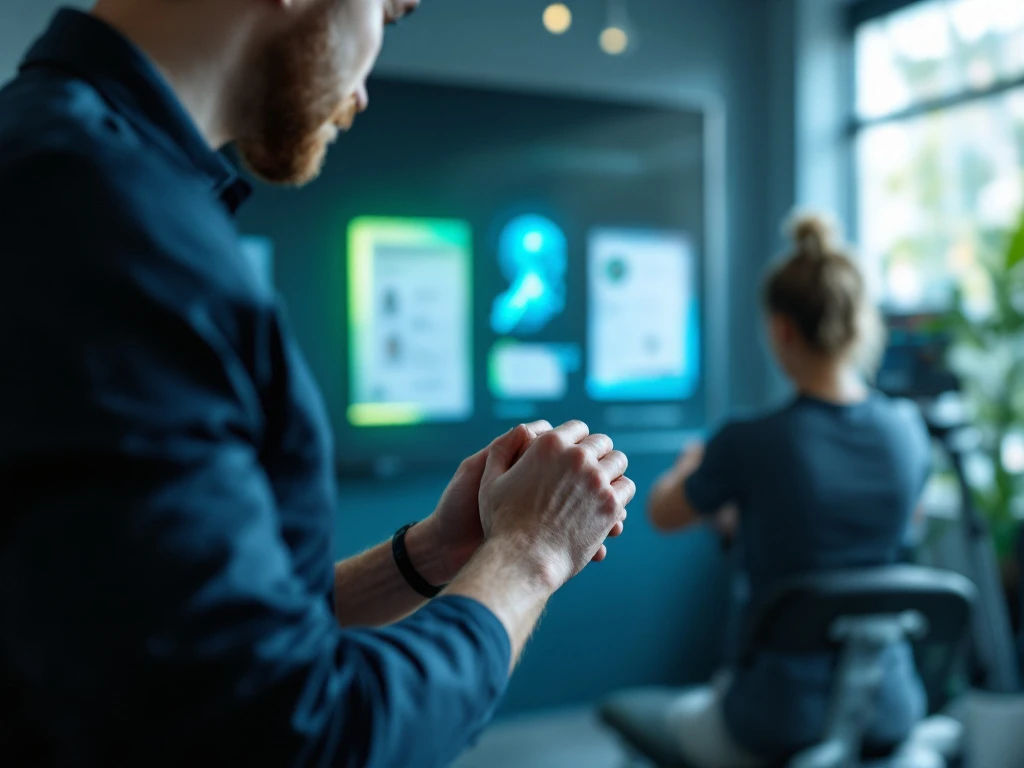 Fysiotherapeut past gepersonaliseerd trainingsplan aan voor knieblessure in moderne revalidatieruimte met anatomisch kniemodel en professionele apparatuur.