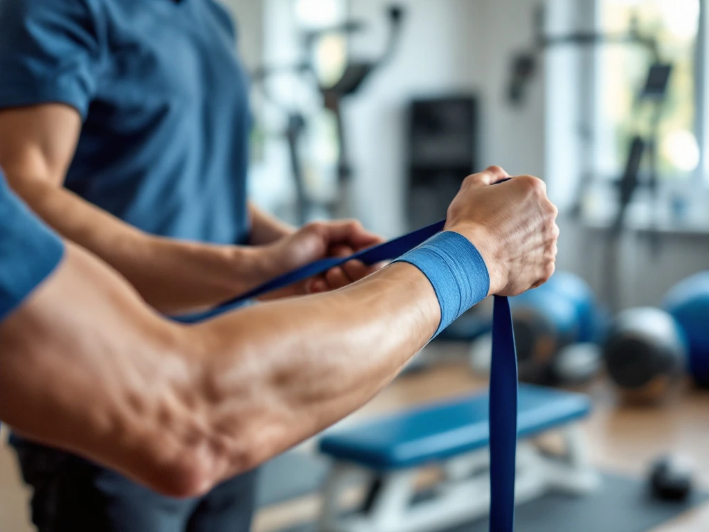 Fysiotherapeut begeleidt cliënt bij revalidatieoefening met weerstandsbanden in moderne trainingsstudio met professionele apparatuur en natuurlijk licht.