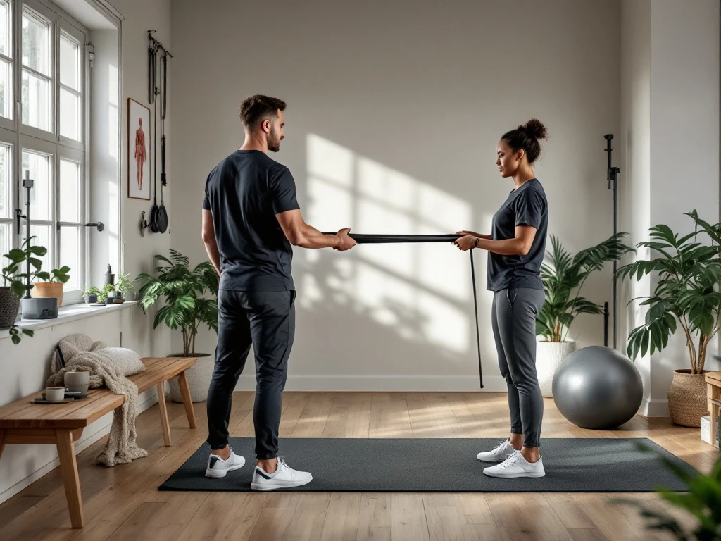 Trainer begeleidt cliënt bij therapeutische oefening met resistance band in moderne privé trainingsruimte met revalidatieapparatuur.