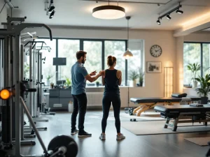 Fysiotherapeut begeleidt cliënt bij oefening met weerstandsbanden in moderne ruimte met geïntegreerde fysiotherapie- en fitnessapparatuur.