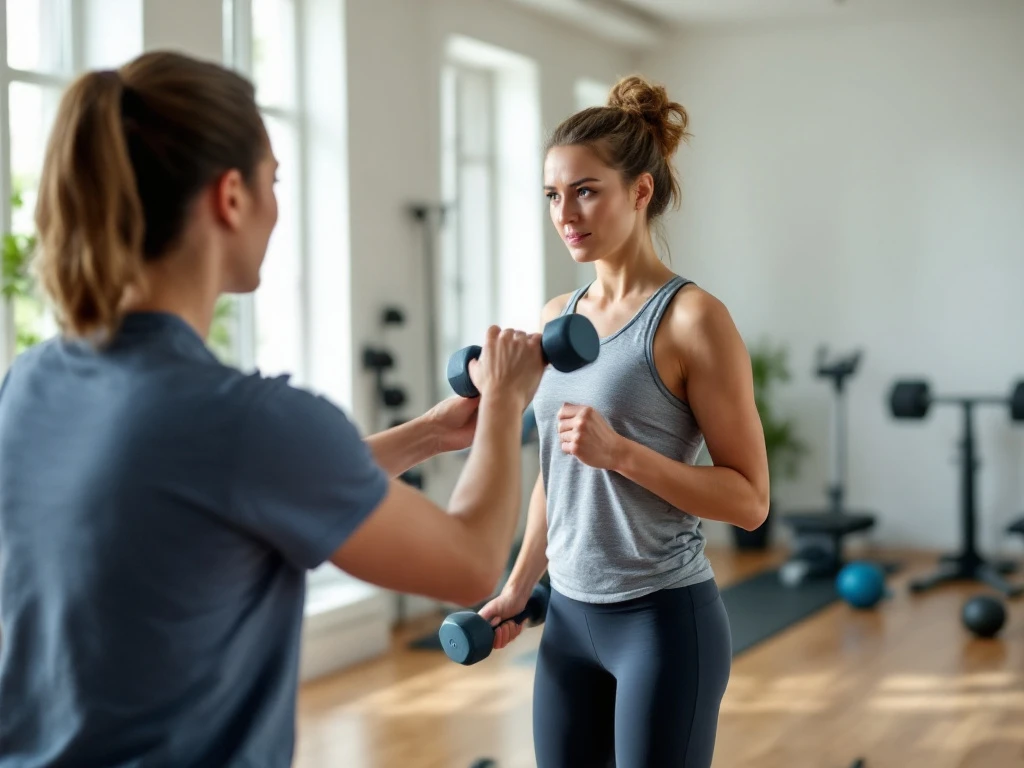 Trainer helpt beginner met haltertraining in lichte privéstudio van CK Active. Houten vloer, minimale uitrusting en een uitnodigende, kalme sfeer voor nieuwe sporters.