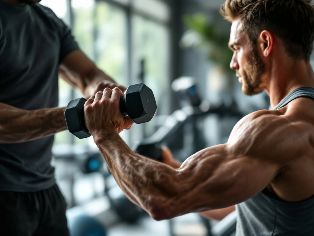 Persoonlijke trainer corrigeert armhouding van cliënt tijdens dumbbell oefening in moderne privégym met premium apparatuur en natuurlijk licht.