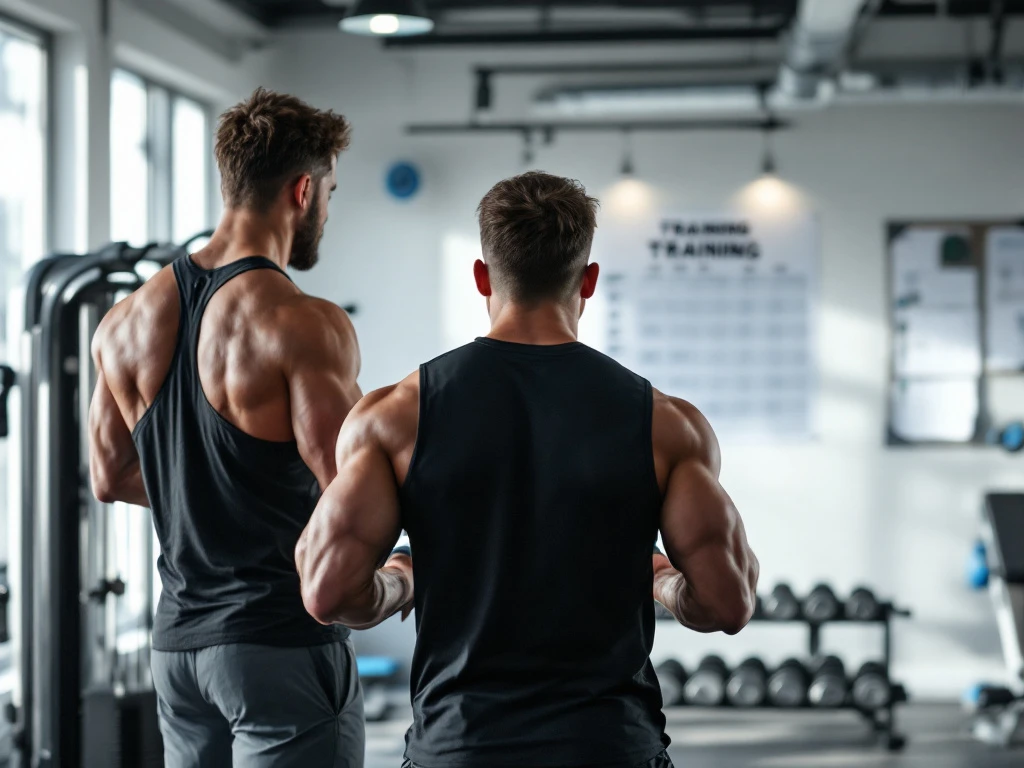 Personal trainer demonstreert correcte haltertechniek aan cliënt in moderne privégym met professionele fitnessapparatuur, natuurlijk licht en trainingsschema aan de muur.
