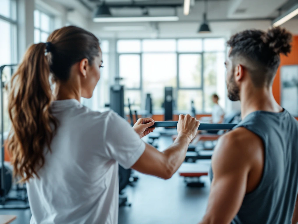 Persoonlijke trainer begeleidt cliënt met weerstandsband in moderne privégym met natuurlijk licht en revalidatieapparatuur op de achtergrond.