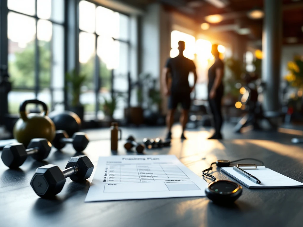 Professionele trainingsruimte van CK Active met trainer en cliënt, gepersonaliseerd trainingsplan en diverse fitnessapparatuur in een warme, uitnodigende sfeer.