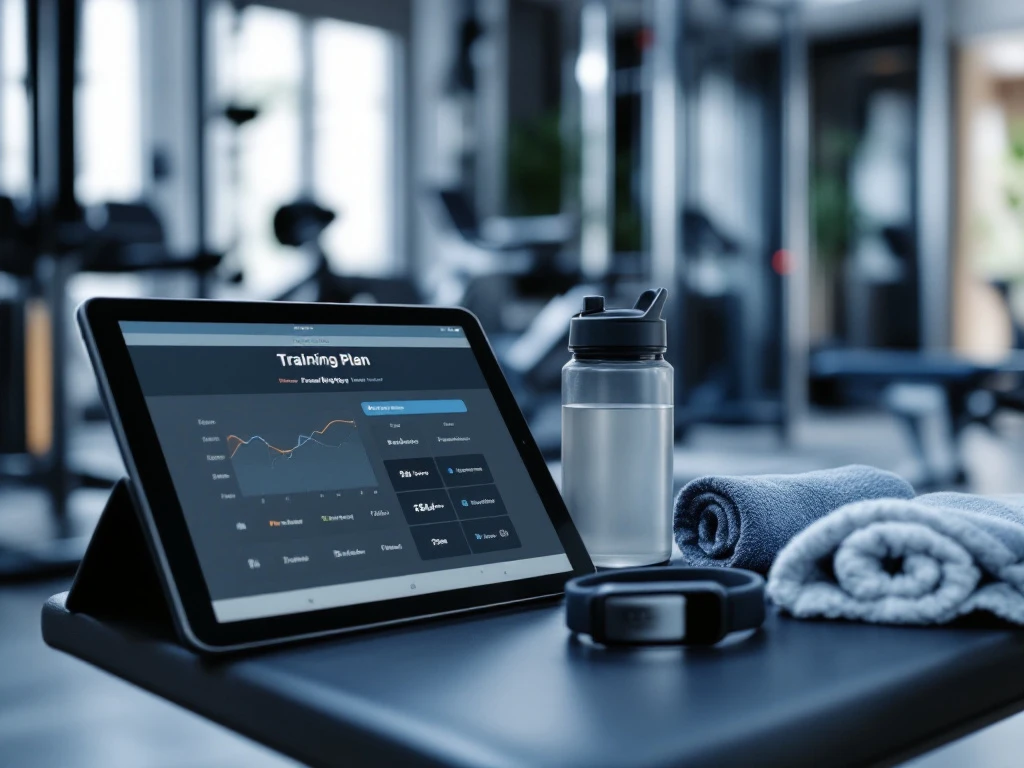 Gepersonaliseerd trainingsplan op tablet in luxe privéfitnessstudio met moderne apparatuur, waterfles, handdoek en fitnesstracker in blauwe en grijze tinten.