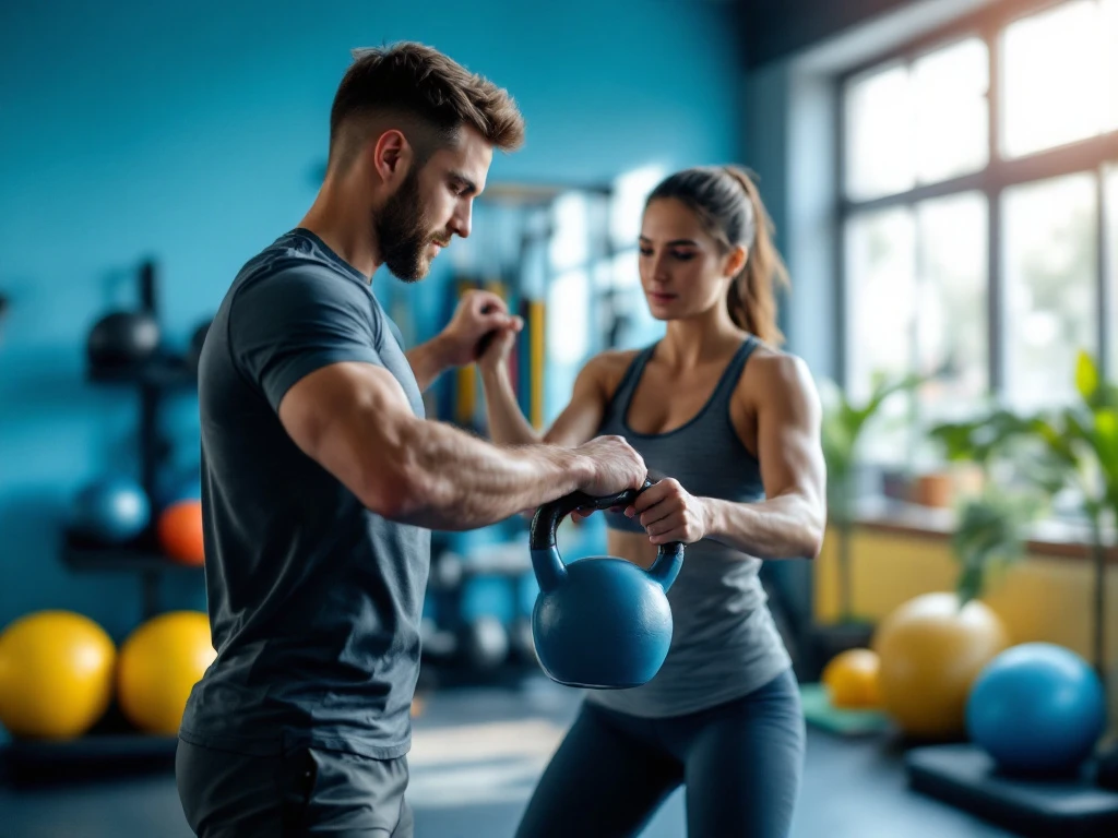 Personal trainer begeleidt cliënt bij kettlebell oefening in moderne, lichte privéstudio met professionele trainingsapparatuur in CK Active's blauwe en witte kleuren.