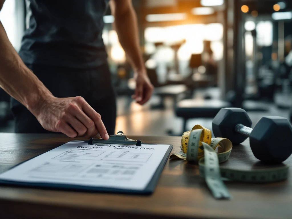 Persoonlijke trainer past weerstand aan op premium fitnessapparaat in exclusieve studio met trainingsplan, meetlint en halters voor op maat gemaakte fitnessprogramma's.