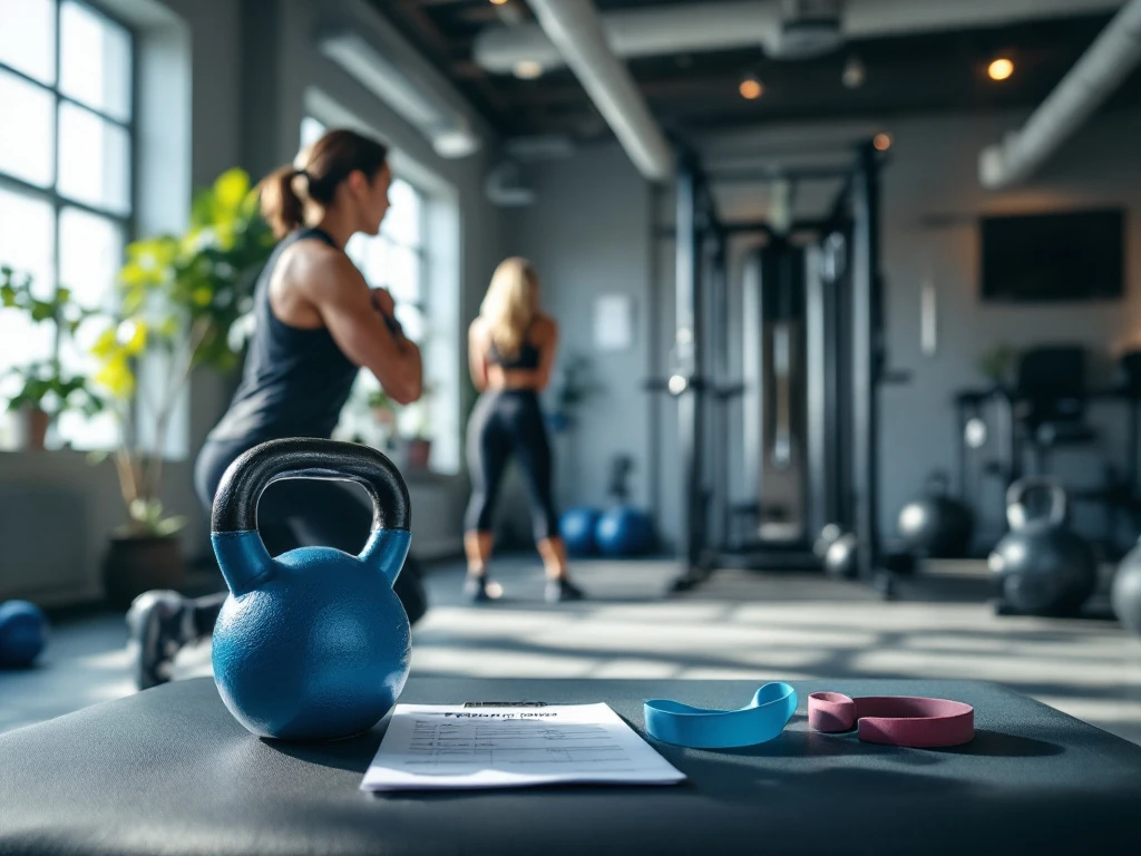Moderne privétrainingsstudio met trainer en klant tijdens kettlebell-oefening, professionele fitnessapparatuur en een gepersonaliseerd trainingsplan op een bank.