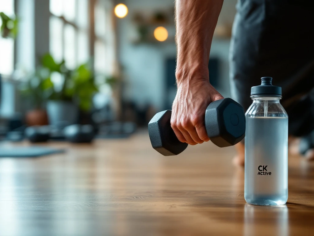 Trainer corrigeert houding van klant tijdens dumbbelloefening in luxe CK Active fitnessruimte met houten vloer en professionele apparatuur.