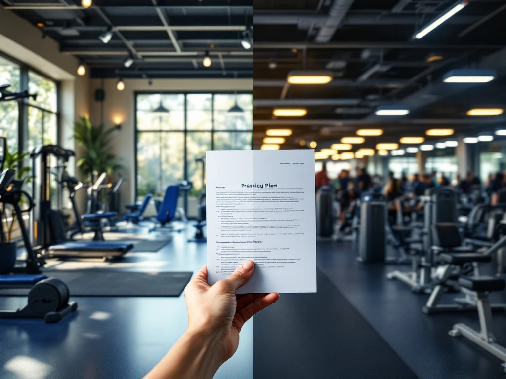 Contrasterende fitnessomgevingen: links een exclusieve privétrainingsruimte met gepersonaliseerde apparatuur, rechts een drukke standaardgym onder fel licht.