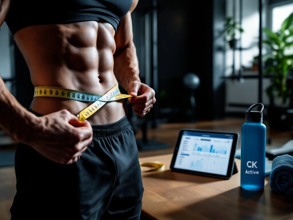 Atletische handen meten taille met meetlint in moderne privéstudio met trainingsapparatuur, digitale voortgangskaart en subtiele CK Active-branding.