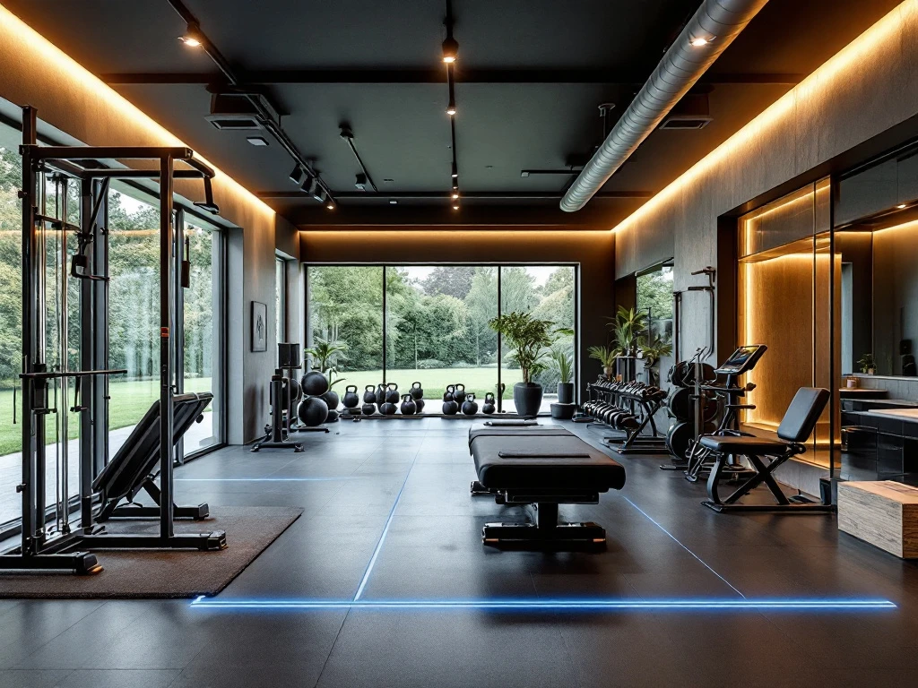 Luxe privé fitnessstudio in avondlicht met strategisch geplaatste trainingsapparaten, functionele trainingszone en behandeltafel voor revalidatie.