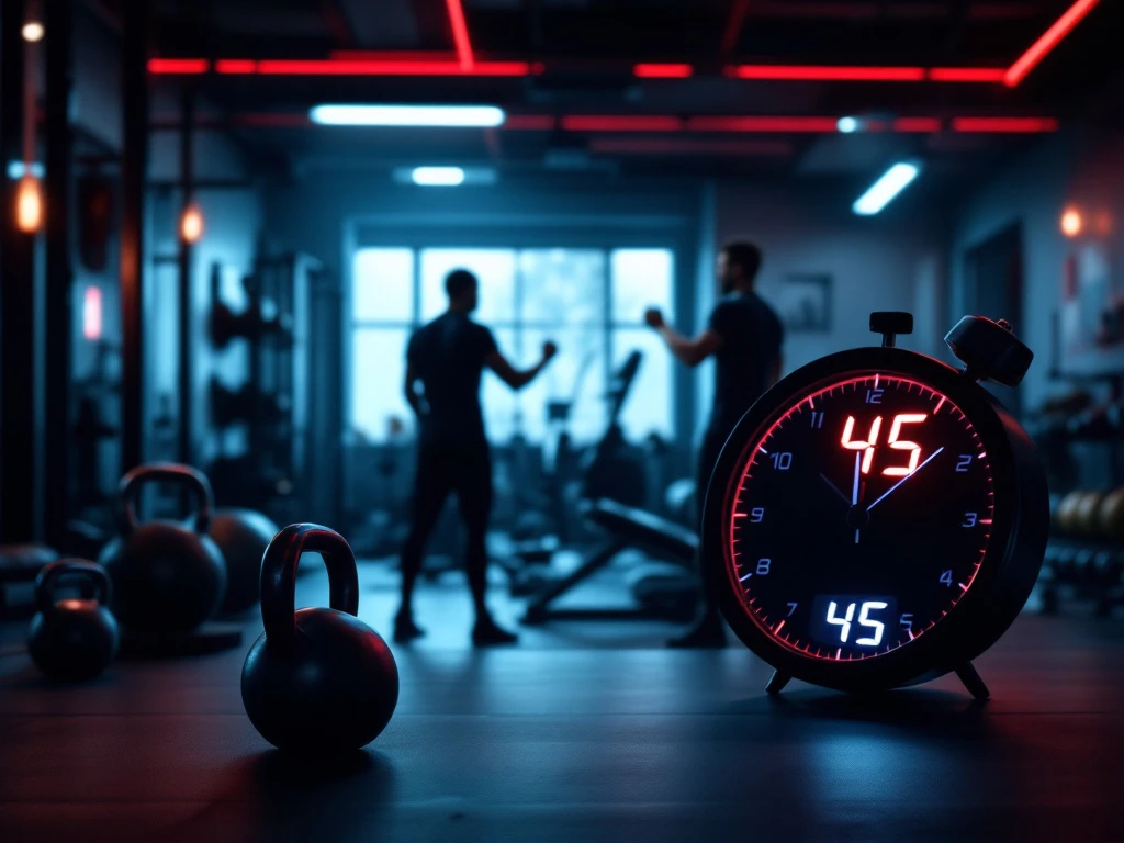 Luxe privé sportschool met personal trainer die klant begeleidt bij kettlebell-oefening. Stopwatch toont 45 minuten trainingstijd in exclusieve ruimte met professionele apparatuur.