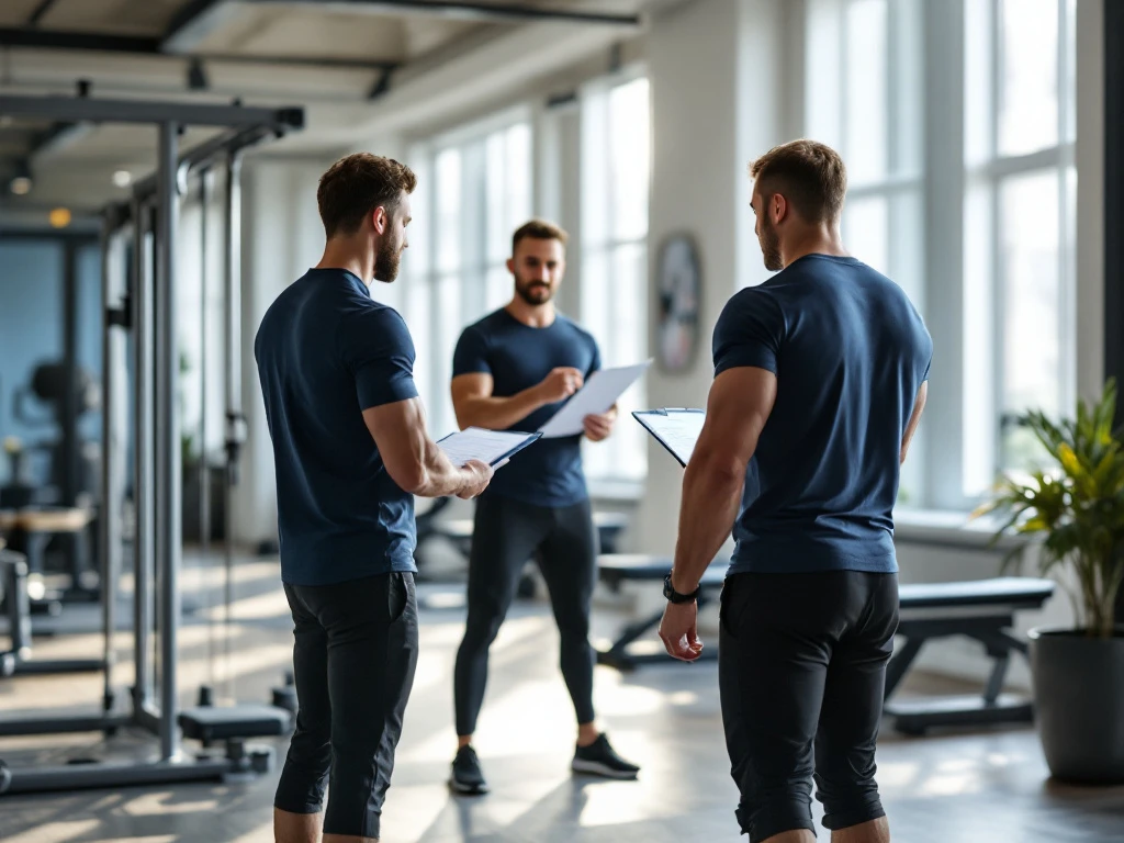 Persoonlijke trainer begeleidt nieuwe cliënt tijdens fitnessassessment in luxe privégym met hoogwaardige apparatuur, natuurlijk licht en professionele CK Active-stijl.