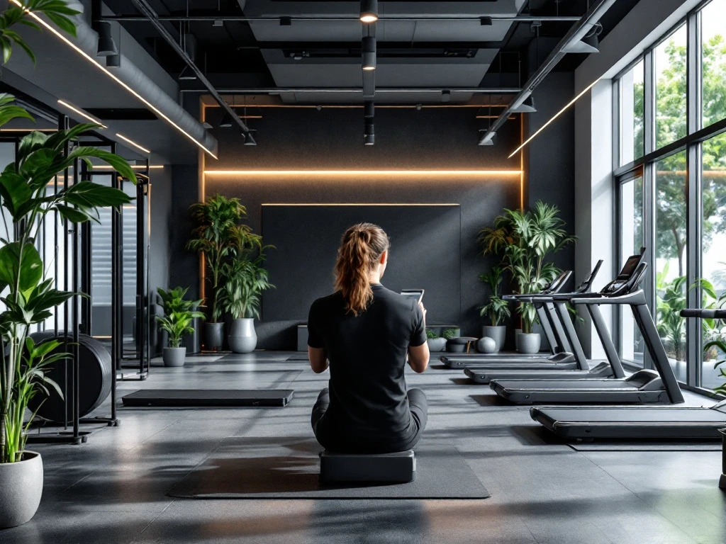 Fitnesscoach stelt persoonlijk trainingsschema op tablet samen in moderne privé trainingsstudio met trainingsapparatuur en natuurlijk licht door grote ramen.