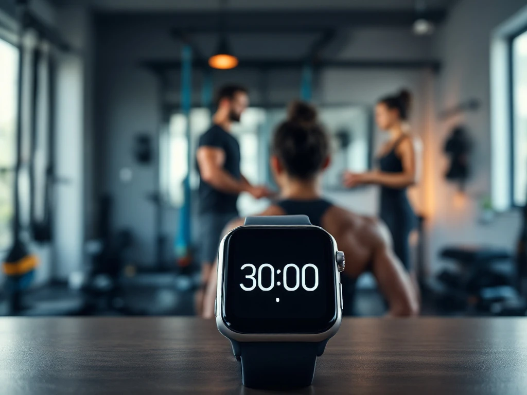 Moderne privé trainingsstudio met premium fitnessapparatuur. Fitneshorloge toont 30:00 terwijl trainer oefening demonstreert in een exclusieve, professionele omgeving.