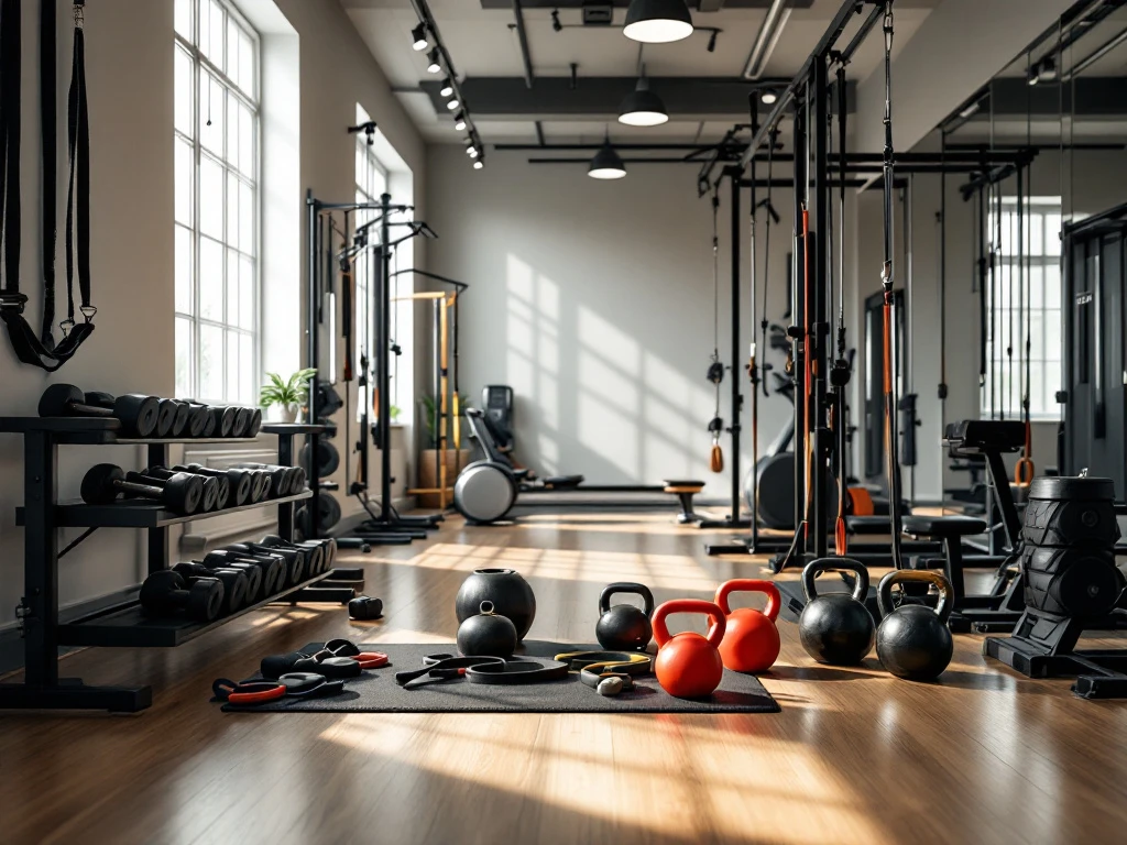 Moderne privé trainingsstudio met premium fitnessapparatuur, halters, kettlebells en TRX-systeem op glanzende houten vloer, verlicht door natuurlijk licht.
