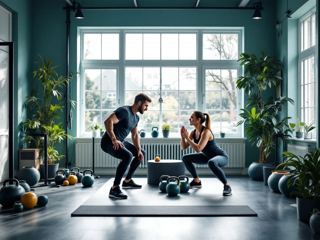 Lichte privé trainingsstudio met trainingsplatform, halters en kettlebells. Trainer begeleidt klant bij squat-oefening in motiverende ochtendsfeer met CK Active's professionele uitstraling.