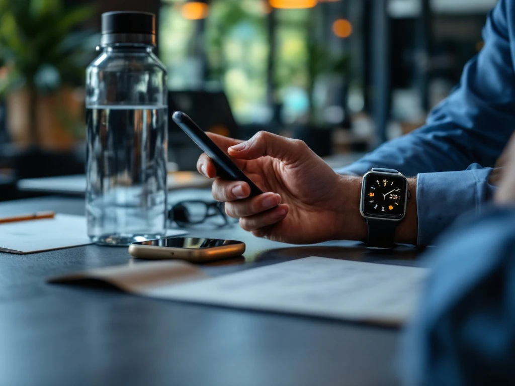 Professioneel bureau met fitness-app op smartphone, waterfles en sporthorloge. Hand in zakelijke kleding checkt tijd, klaar voor workout na werk.