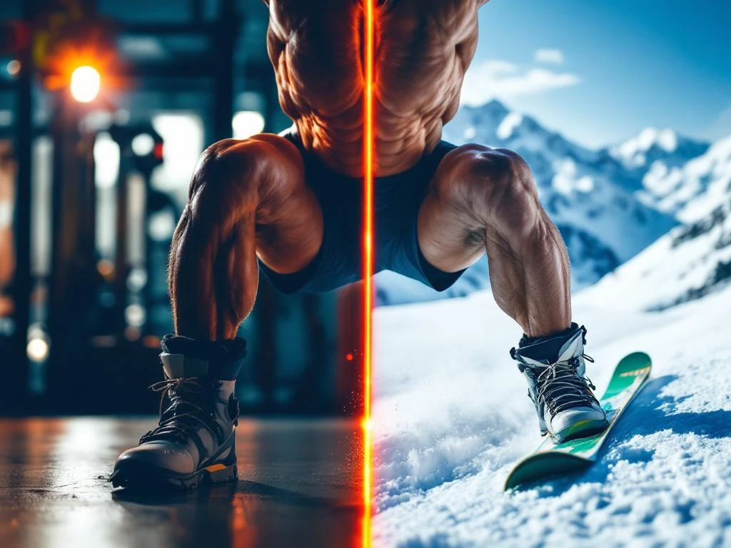 Gespierde benen tijdens squat in sportschool en op ski's in sneeuw, split-screen compositie voor wintersport training