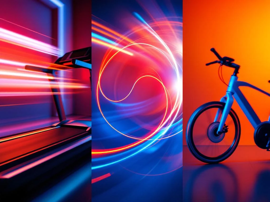 Cardioapparatuur in beweging: lopende band, springtouw en hometrainer in moderne sportschool met oranje-blauw licht