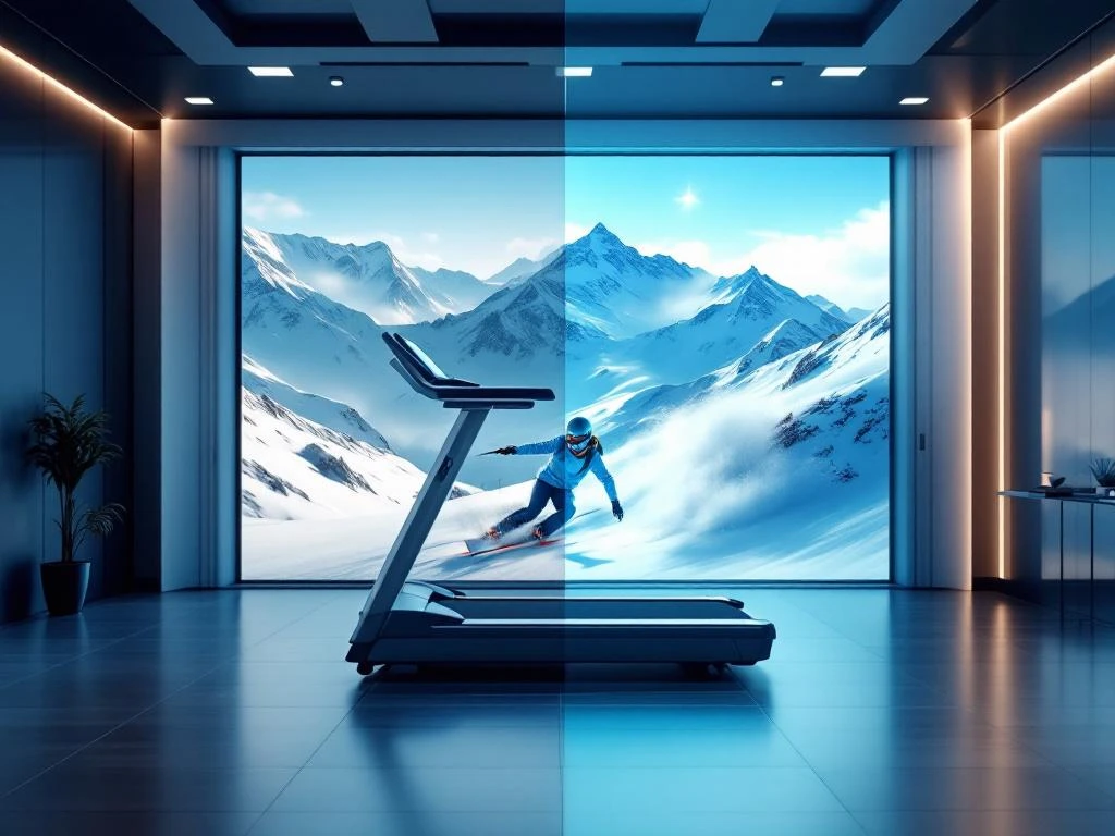 Split-screen foto van moderne loopband in sportschool links en skiër op besneeuwde berghellingen rechts
