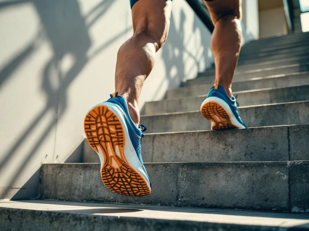 Atleet klimt betonnen trap omhoog in blauwe en oranje sportkleding, dramatische belichting benadrukt cardio-oefening