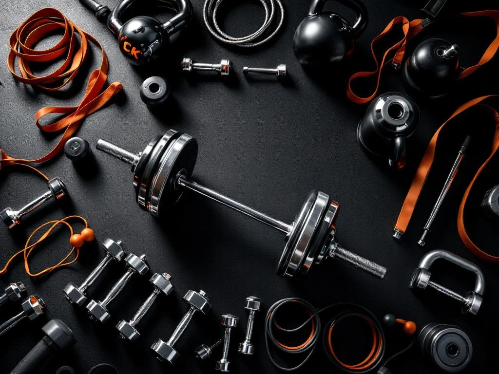 Bovenaanzicht van moderne fitnessruimte met halters, kettlebells en gewichten op zwarte rubberen vloer