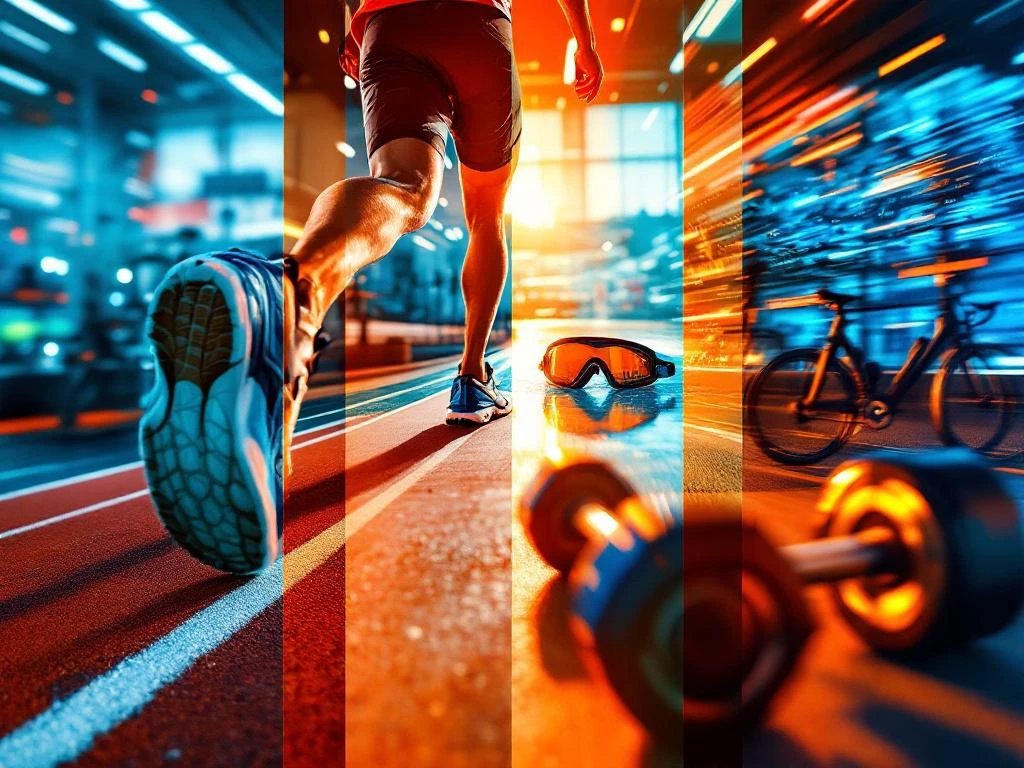 Sportuitrusting in dynamische compositie: hardloopschoenen, zwembril, fietsuitrusting en gewichten in oranje-blauw kleurenschema