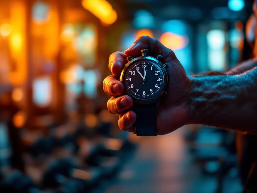 Atletische handen met stopwatch in moderne sportschool met fitnessapparatuur op achtergrond