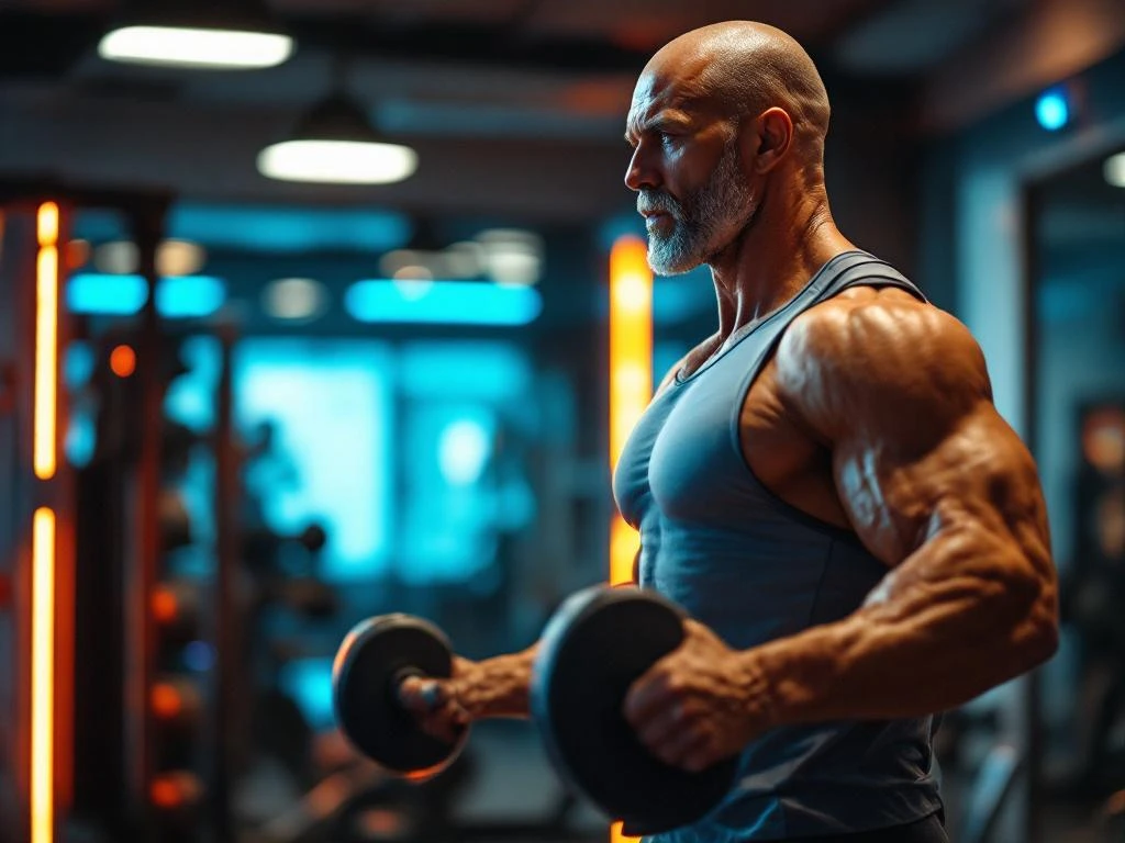Atletische persoon van 40+ traint met halters in moderne fitnessruimte met professionele verlichting