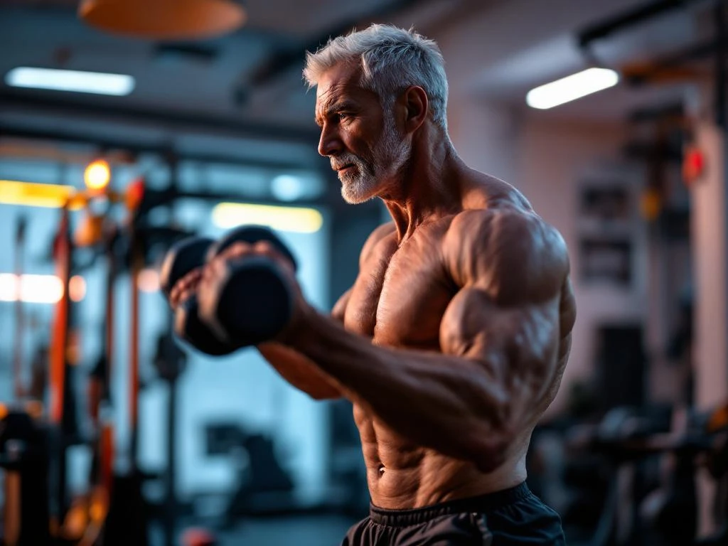 Sportieve persoon boven 50 traint met gewichten in moderne fitnessruimte met professionele apparatuur