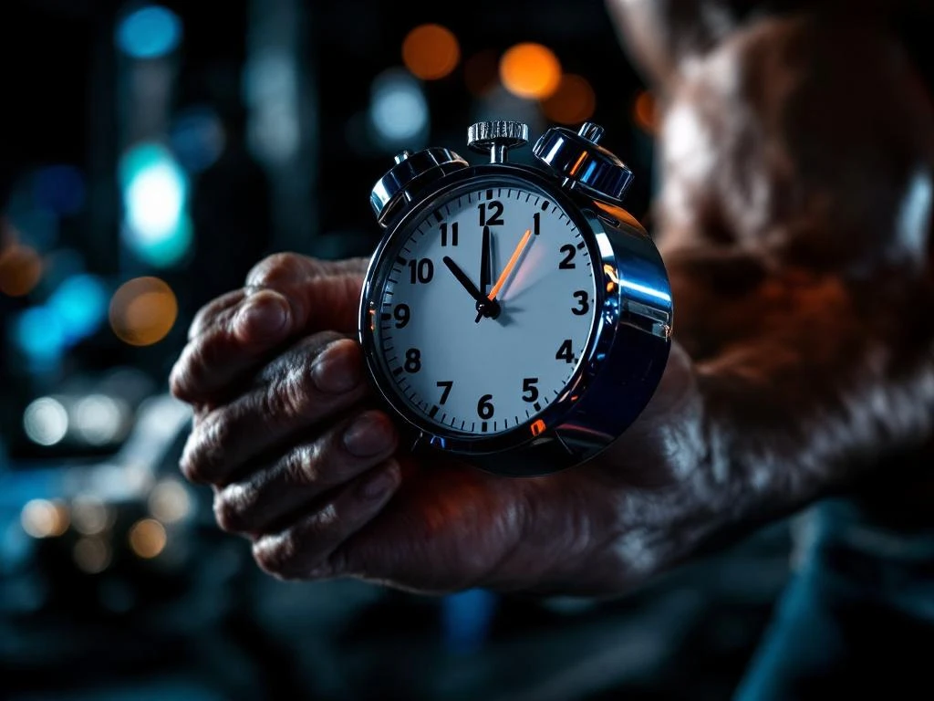 Gespierde handen grijpen chromen halter vast met stopwatch die 30 minuten toont in professionele fitnessruimte
