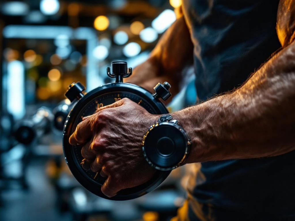 Gespierde handen grijpen chromen halters vast in moderne sportschool met analoge stopwatch op 40 minuten