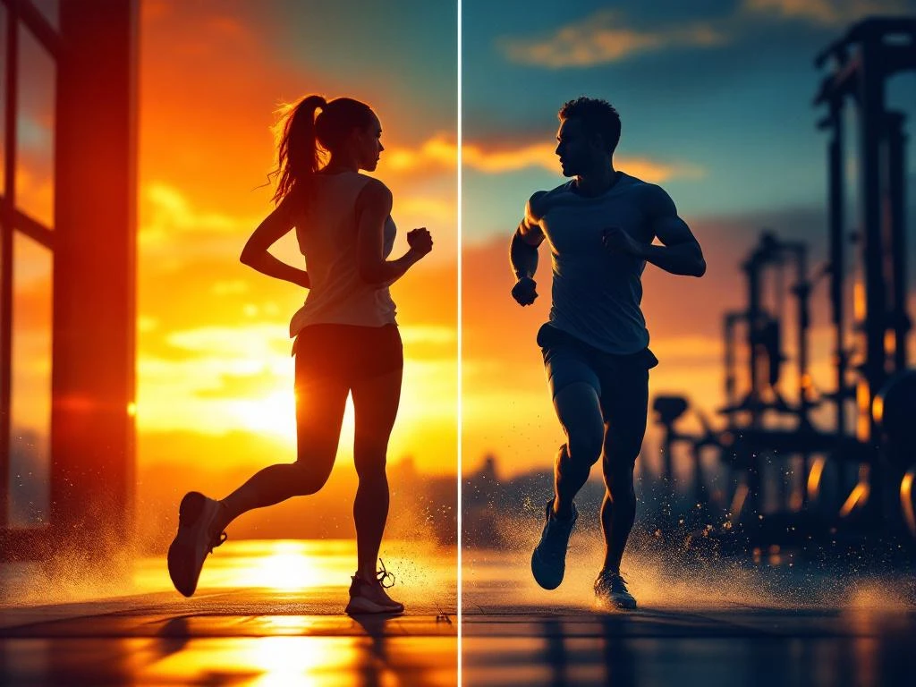 Twee hardlopers in voor-en-na fitnesstransformatie tegen zonsopgang achtergrond in moderne sportschool