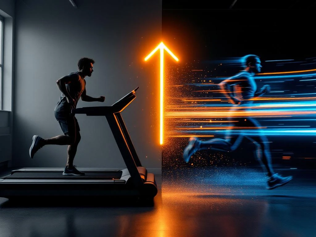 Fitness transformatie split-screen: uitgeputte persoon op loopband links, energieke atleet sprintend rechts met opwaartse pijl
