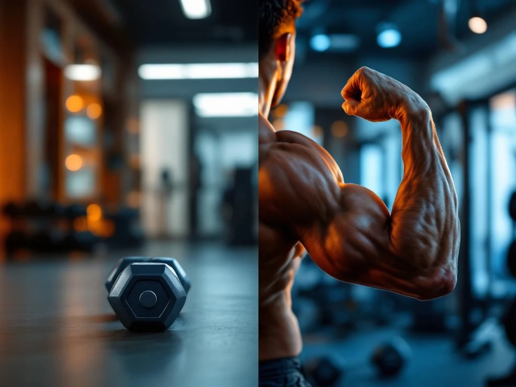 Gespierde arm doet bicep curl met halter in moderne sportschool, voor-en-na transformatie concept