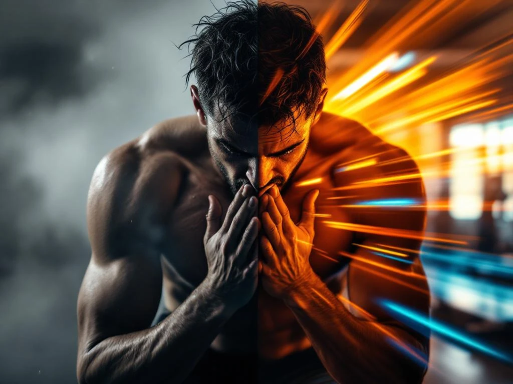 Gesplitst beeld toont fitnestransformatie: uitgeputte persoon links versus energieke sportuitrusting rechts in moderne gym