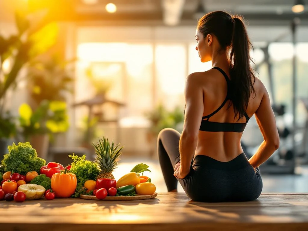 Vrouw doet workout lunge in moderne sportschool met gezonde groenten en fruit op voorgrond